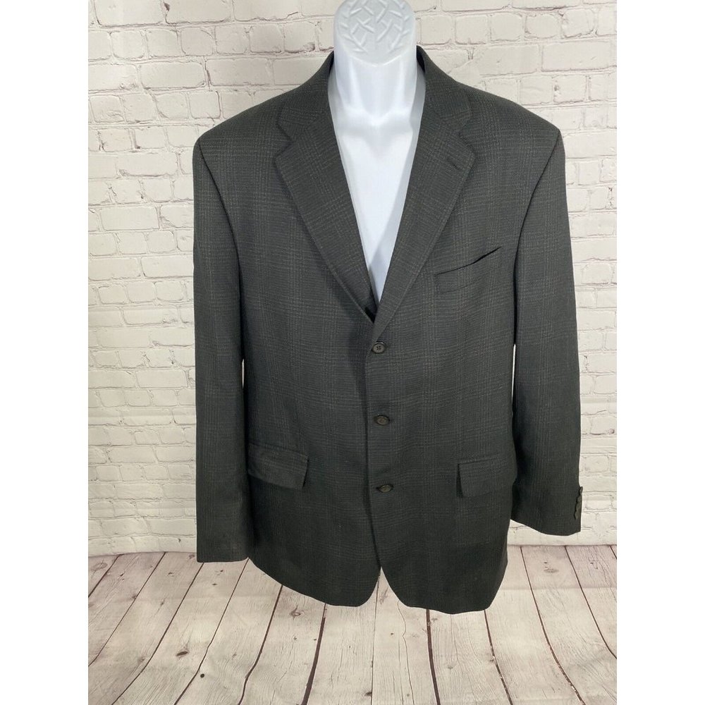 VTG 1998 Franco Tassi 100% Wool Black Brown Plaid 3 Button Blazer Jacket 44T